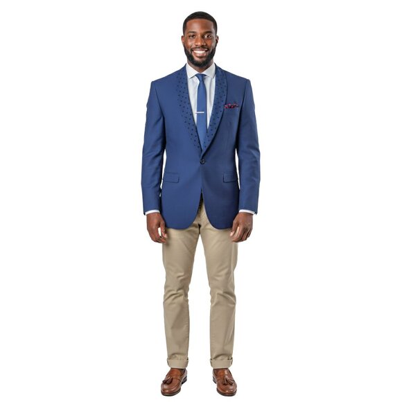 Hearts on Lapel Mens Blazer Jacket Shawl Collar, Blue - Picture 5 of 5